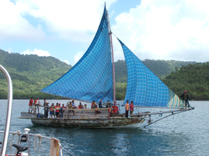 A traditional inter-island transport, sail only, in our anchorage in Damar, Indonesia