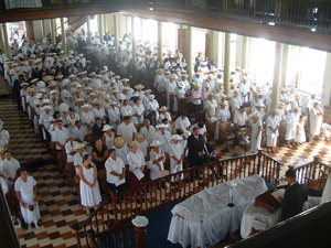 The women at church in Tahiti, with their fancy hats.