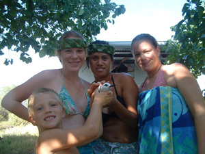 Emily, Amanda, and Gregg II, with Davina and bird in Toau, Tuamotus, French Polynesia